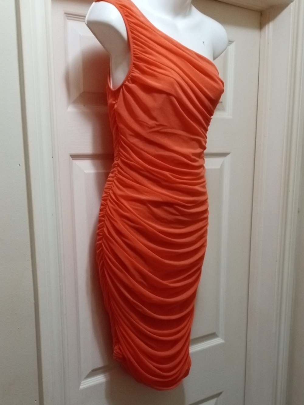 💲9⃣▶Ruched One-Shoulder Orange Bodycon Dress
